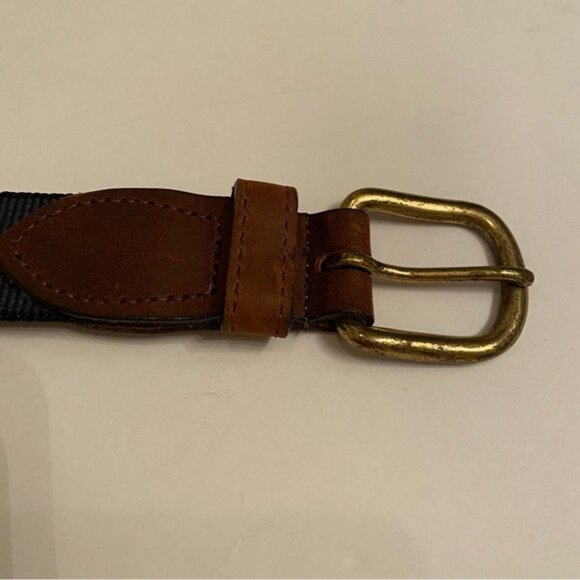 THOMAS BATES BELT BLUE FABRIC GREEN PALM TREES BROWN LEATHER BRASS BUCKLE 38 USA - Picture 8 of 11